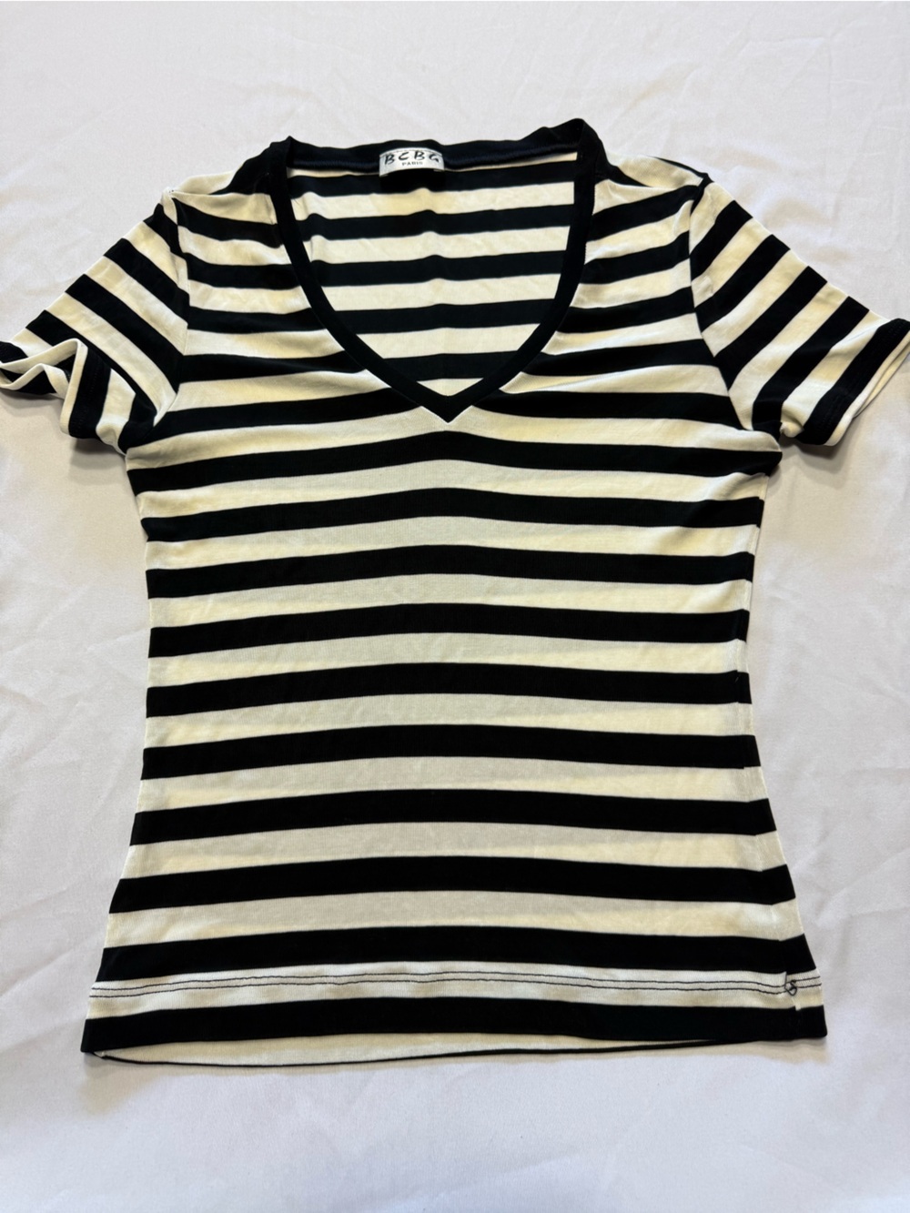 BCBG Black & White Striped V-Neck Tee